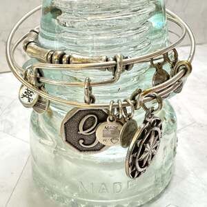 Alex And Ani Charm Bracelets Silver Tone Compass G Initial Bamboo Link Lot of 3